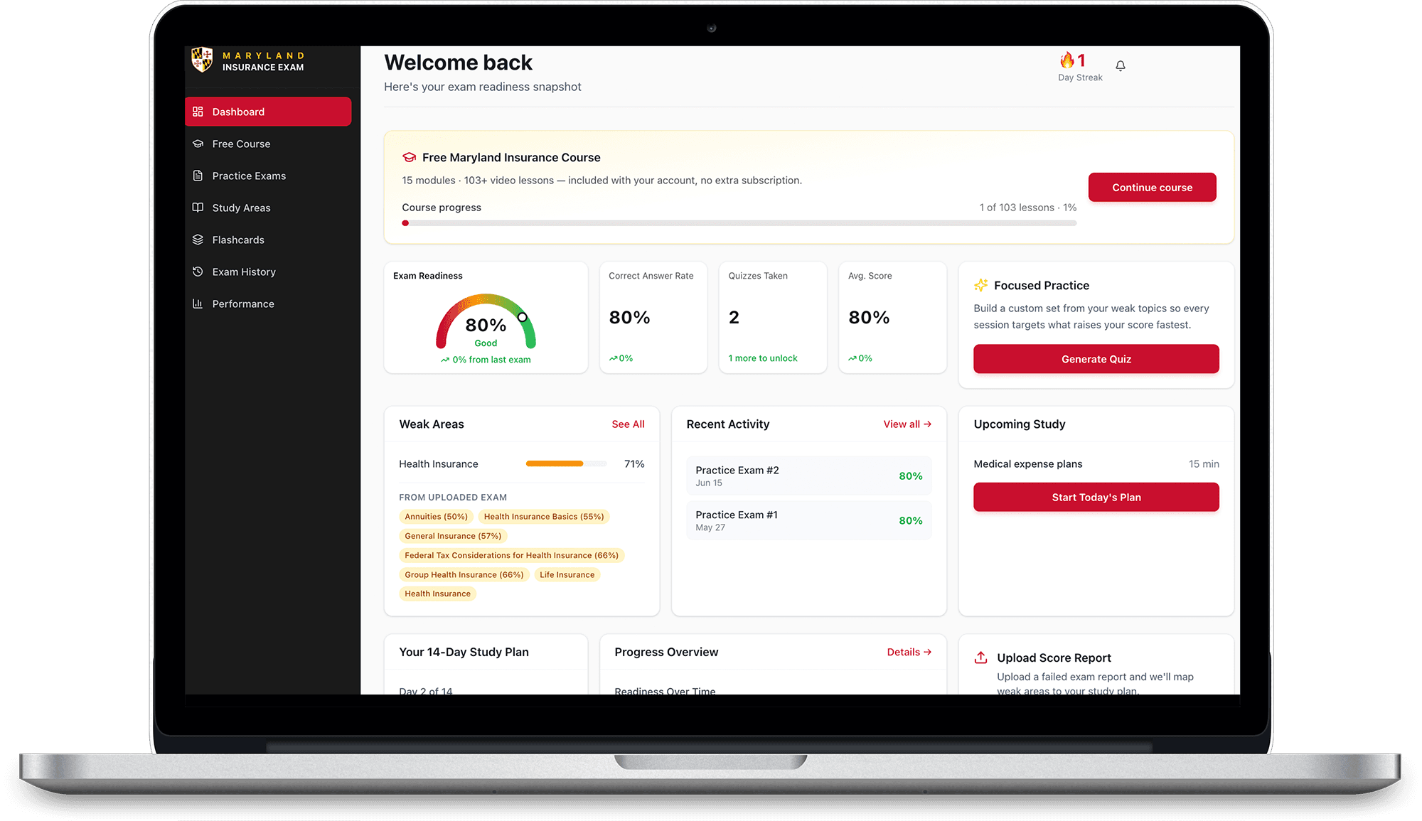 Maryland Insurance Exam student dashboard showing exam readiness and weak areas